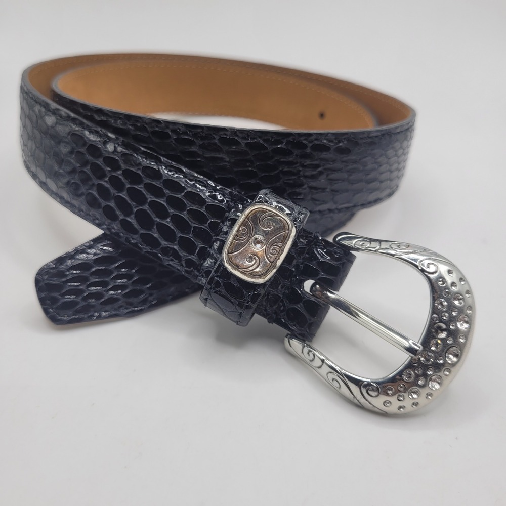 Brighton Belt 30 Black Snakeskin Embossed Leather Rhinestone Western B31313